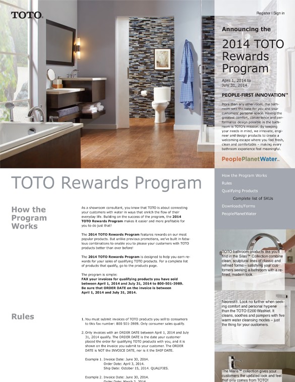 TOTO Rewards Spiff Program Website